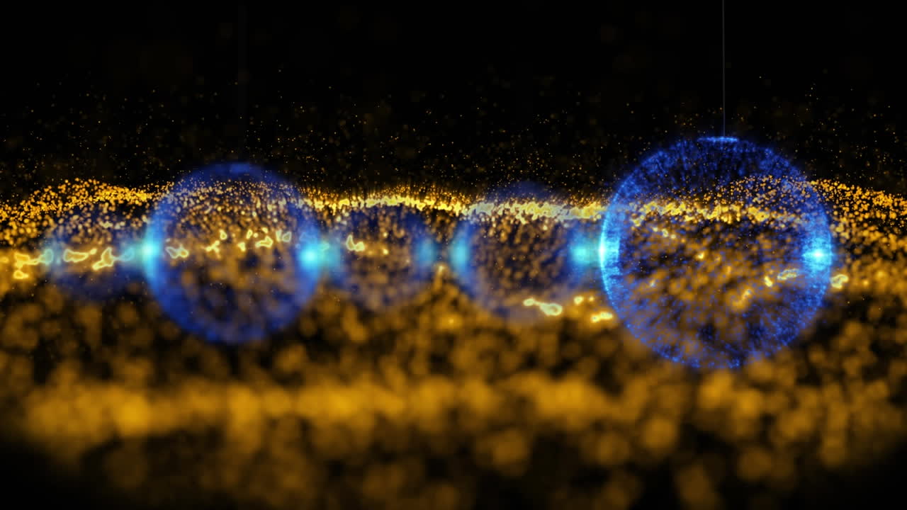 이동하는 금색 점의 물결 위에 파란색 구슬의 애니메이션