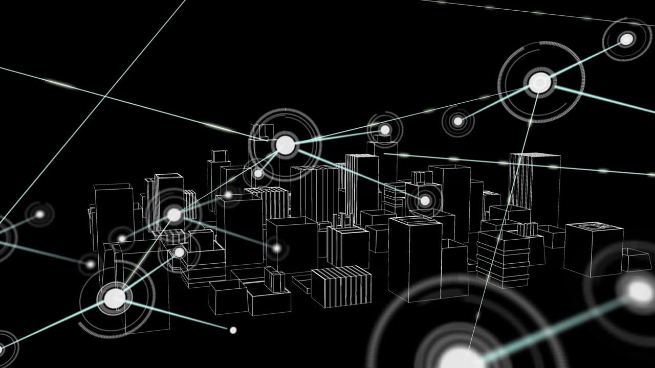 animación de redes de conexiones con iconos sobre el dibujo de la ciudad 3d girando sobre fondo negro