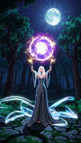 sorceress casting spell in moonlit forest