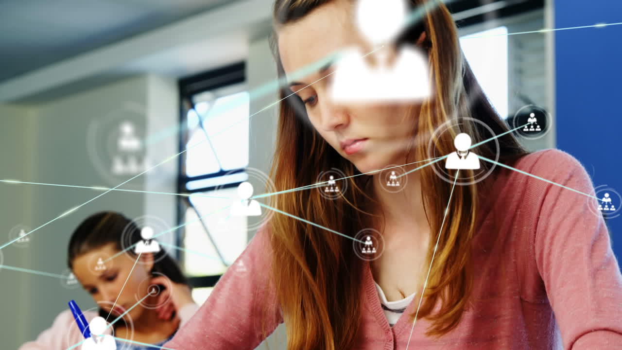 animación de la red de conexiones con iconos sobre diversos estudiantes en el aula