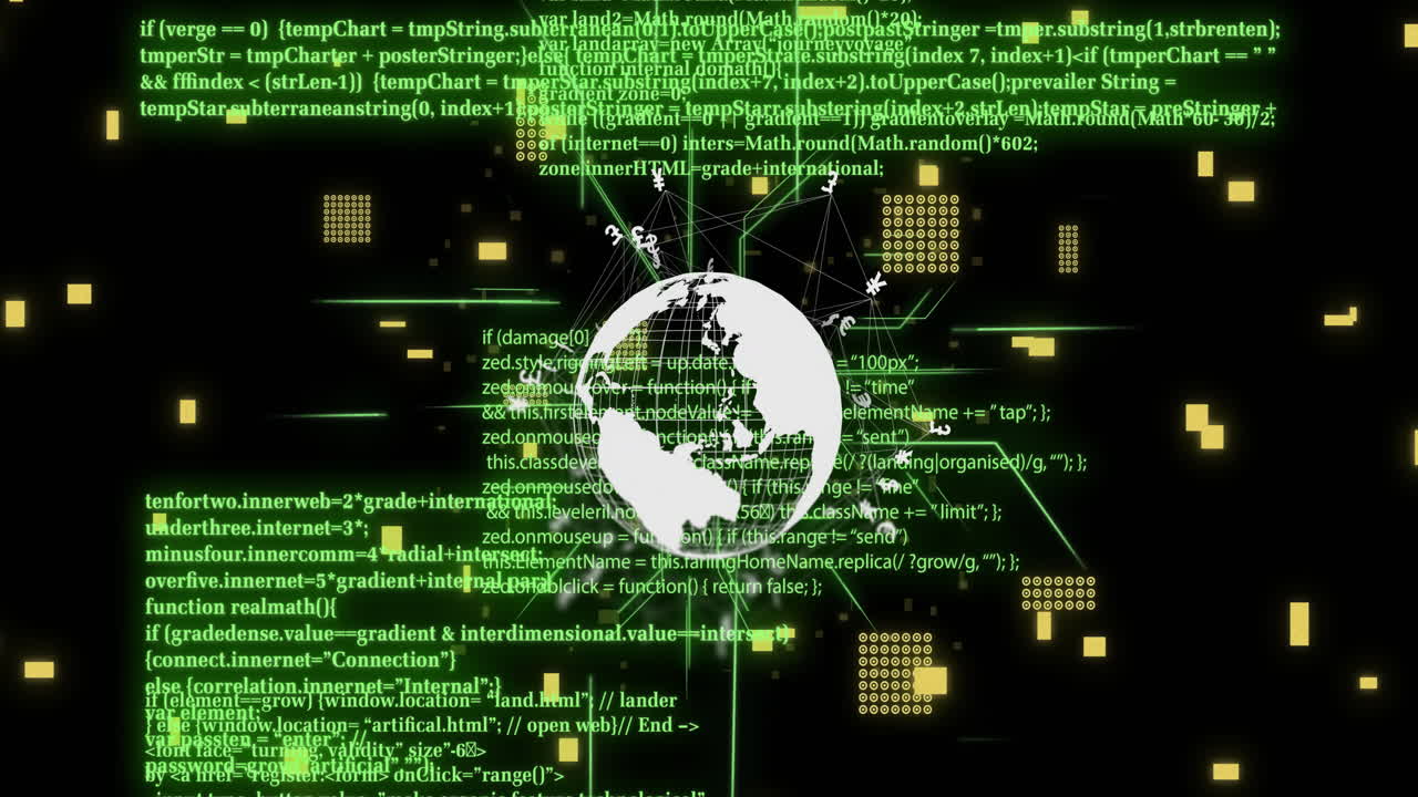 Digital globe and data processing animation with green lines and yellow squares