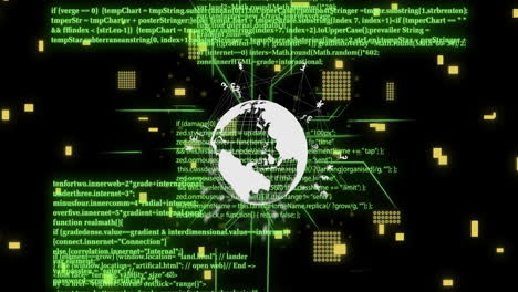 digital globe and data processing animation with green lines and yellow squares