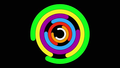 animación abstracta de círculos giratorios anidados en dirección opuesta en varios colores sobre un fondo negro