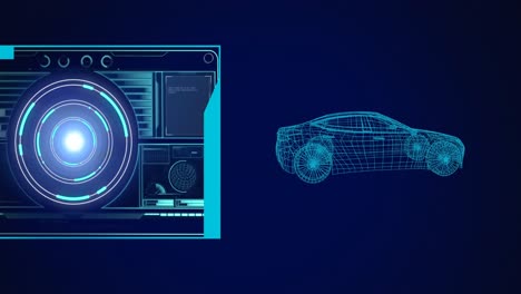 Animation-of-3d-car-drawing,-scope-scanning-and-data-processing