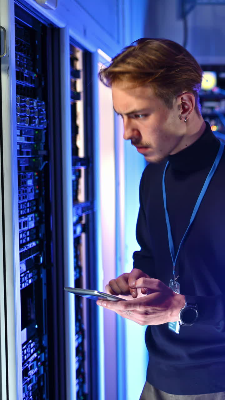 Man analysing data in a server room. Vertical