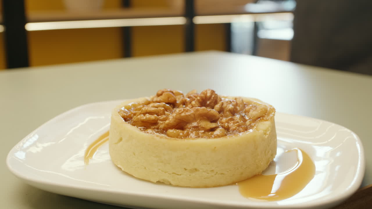 Panning shot of a cheesecake garnished with whole walnuts on top, highlighting its creamy texture and crunch