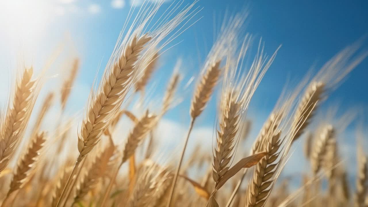 Low-angle video shot of golden wheat stalks swaying under a clear blue sky, capturing the essence