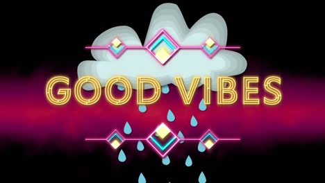 animation of good vibes text over cloud with rain on purple background