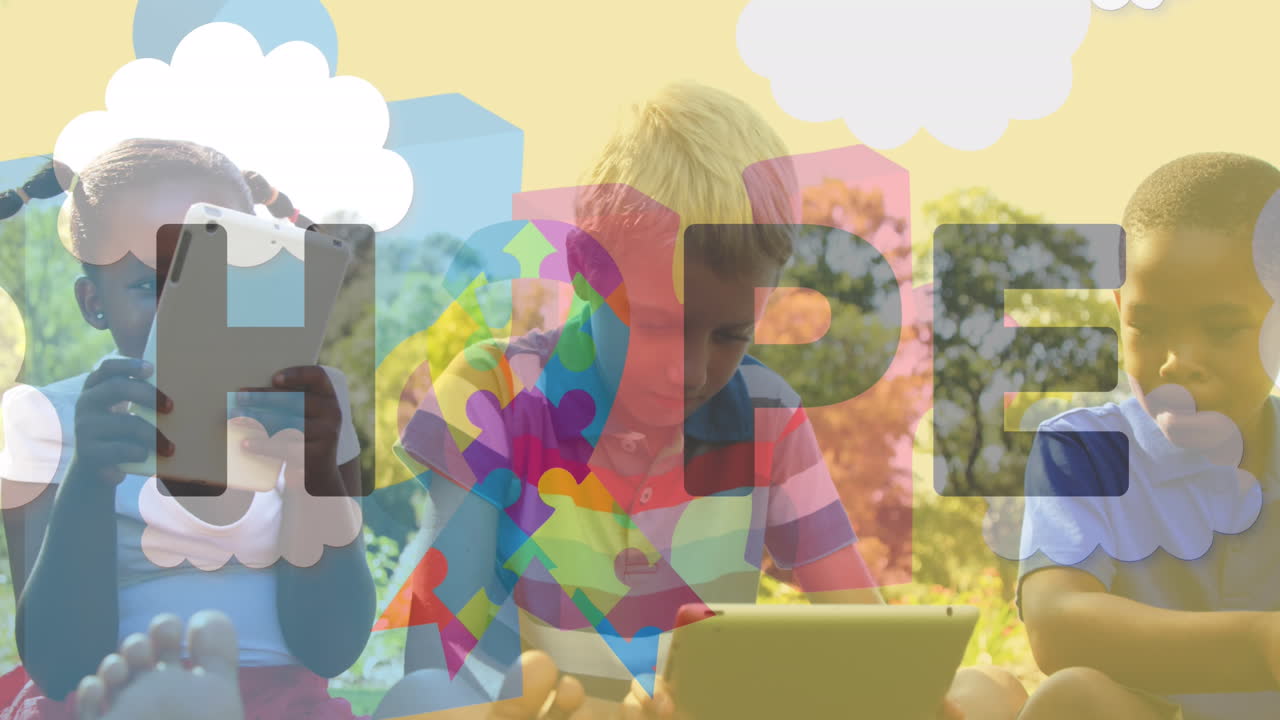 다채로운 퍼즐 조각과 자폐증 텍스트의 애니메이션 어린이 친구들이 전자 장치를 사용합니다.