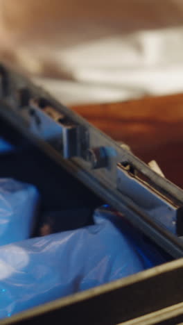 drug dealer is packing drugs into suitcase. close-up. abuse of drugs. criminal business vertical video