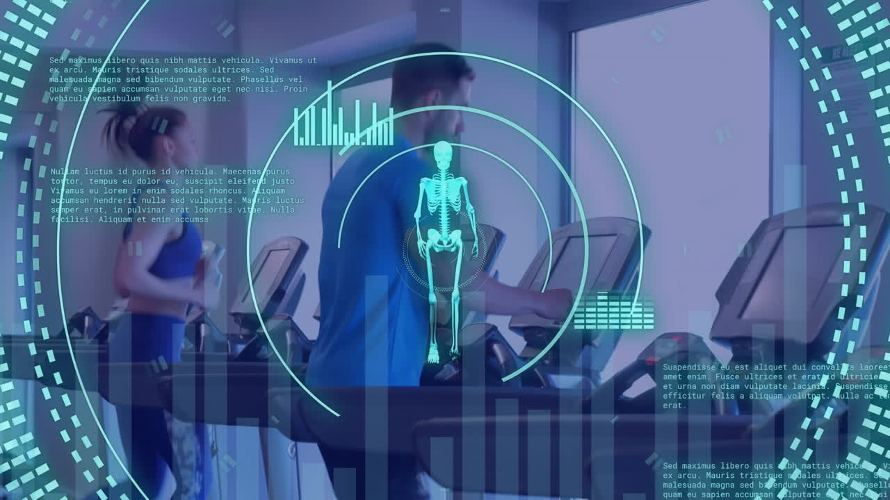 animación de formas moviéndose sobre personas caucásicas haciendo ejercicio en el gimnasio.