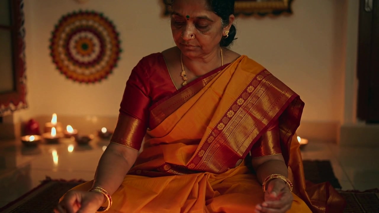 Anziana donna in sari arancione che accende, posiziona e sistema le diya sul tappeto dell'angolo di preghiera, pregando.