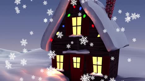 Animation-Eines-Weihnachtshauses-Mit-Lichterkettendekorationen-Und-Fallendem-Schnee