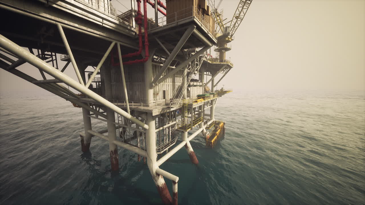 Old oil platform stands tall above the calm ocean waters during sunset