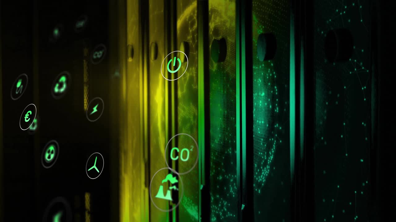 Sequence opening with glowing racks covering globe, icons drifting, rotating depicting energy grid