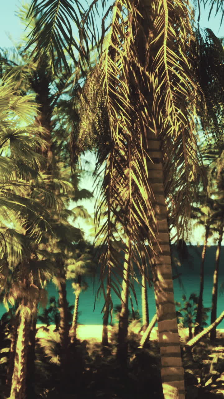 Lush tropical palm trees overlooking a serene beach at midday