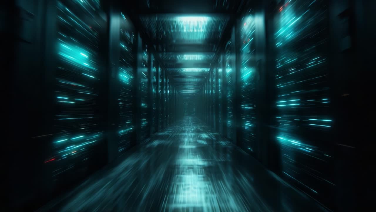 A Futuristic Data Center Corridor Showcasing Pulsating Light Streams and Technological Depth with an Intense Sense of Speed and Motion throughout the Frames