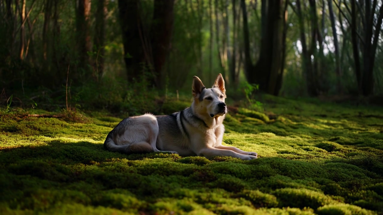 Un cane rimane sdraiato su un lussureggiante suolo forestale coperto di muschio mentre l'angolazione della sua testa si sposta leggermente, incorniciato da fitti tronchi d'albero, fogliame verde intenso, ombre morbide e calda luce solare a chiazze