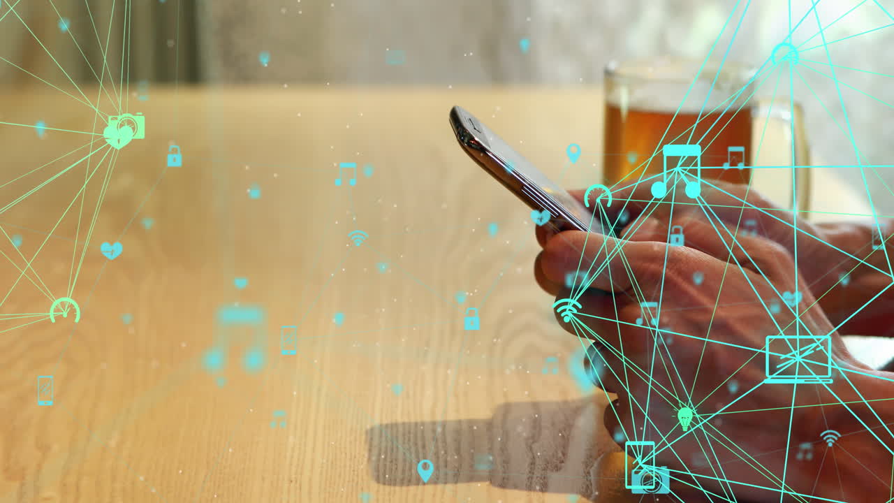 animación de una red de conexiones con iconos sobre una mujer de negocios biracial que usa un teléfono inteligente