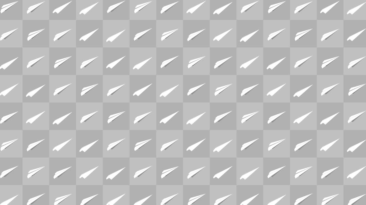 Handmade paper plane collection. Loop animation of flowing white paper plane on gray background. Business connection concept. Origami airplane flying.