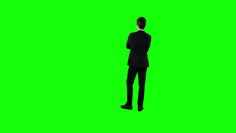 vista trasera de un hombre de negocios esperando con pantalla verde