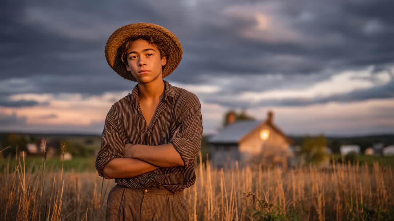 Un giovane agricoltore si erge fiero in un campo dorato al tramonto, emanando resilienza e un profondo legame con la natura, sullo sfondo di un cielo drammatico.