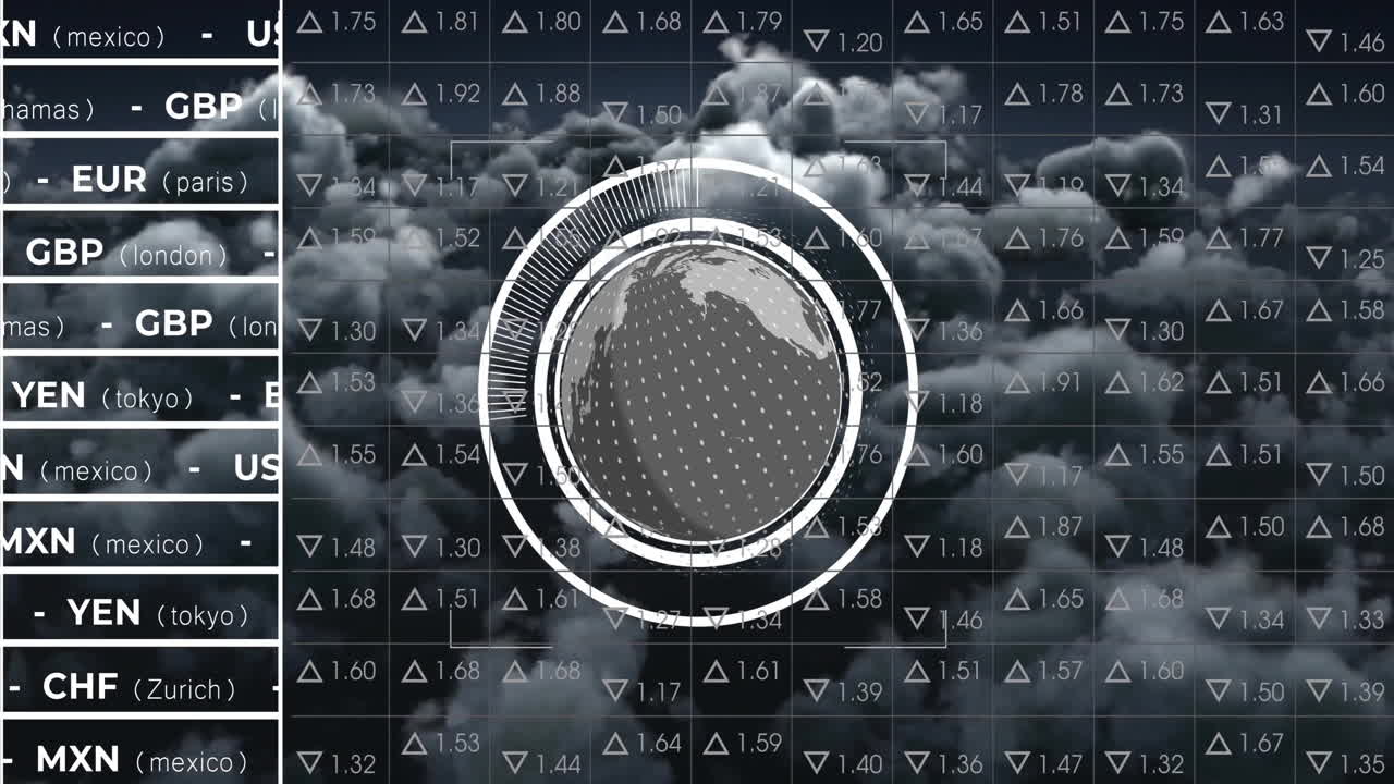 Animation of globe with data processing over cloud background