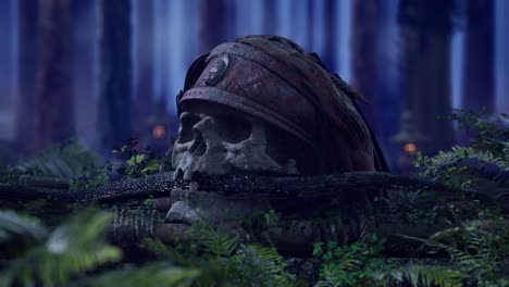 pirate human skull with snake and ancient ruins in the jungle, exploration and adventure concept