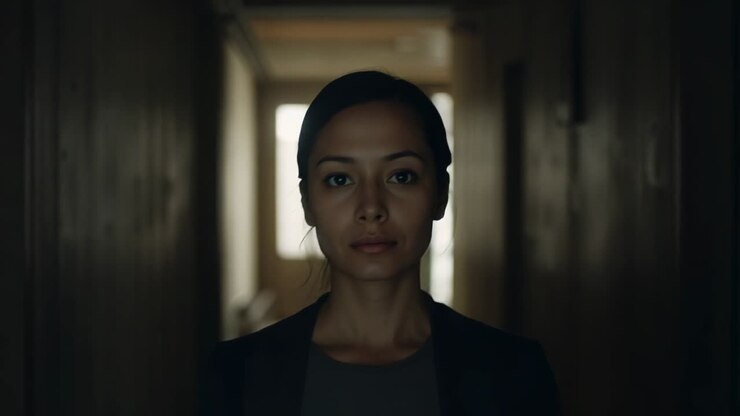 Walking lady in dark blazer holding gaze toward lens down hallway, backlight casting silhouette