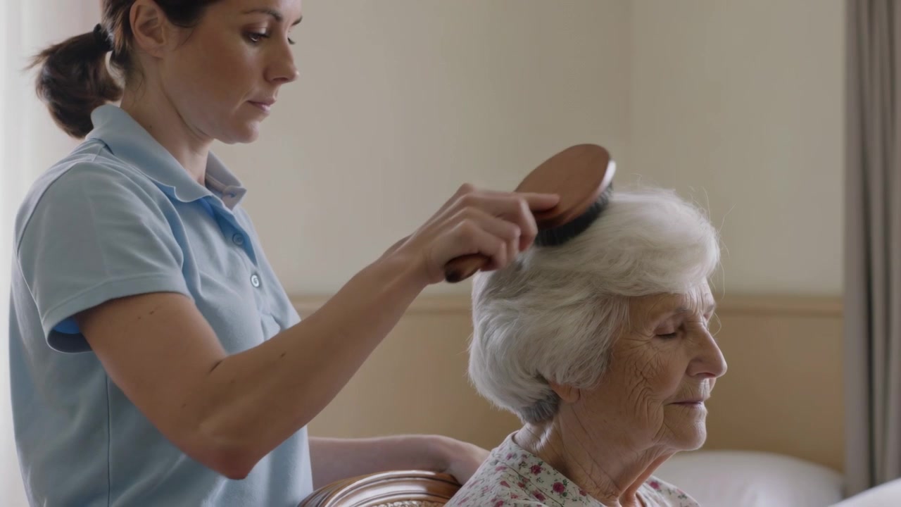 Eine Pflegekraft in blauem Poloshirt bürstet mit einer Paddelbürste einem Senior am Bett die Haare und glättet sie zur Pflege.