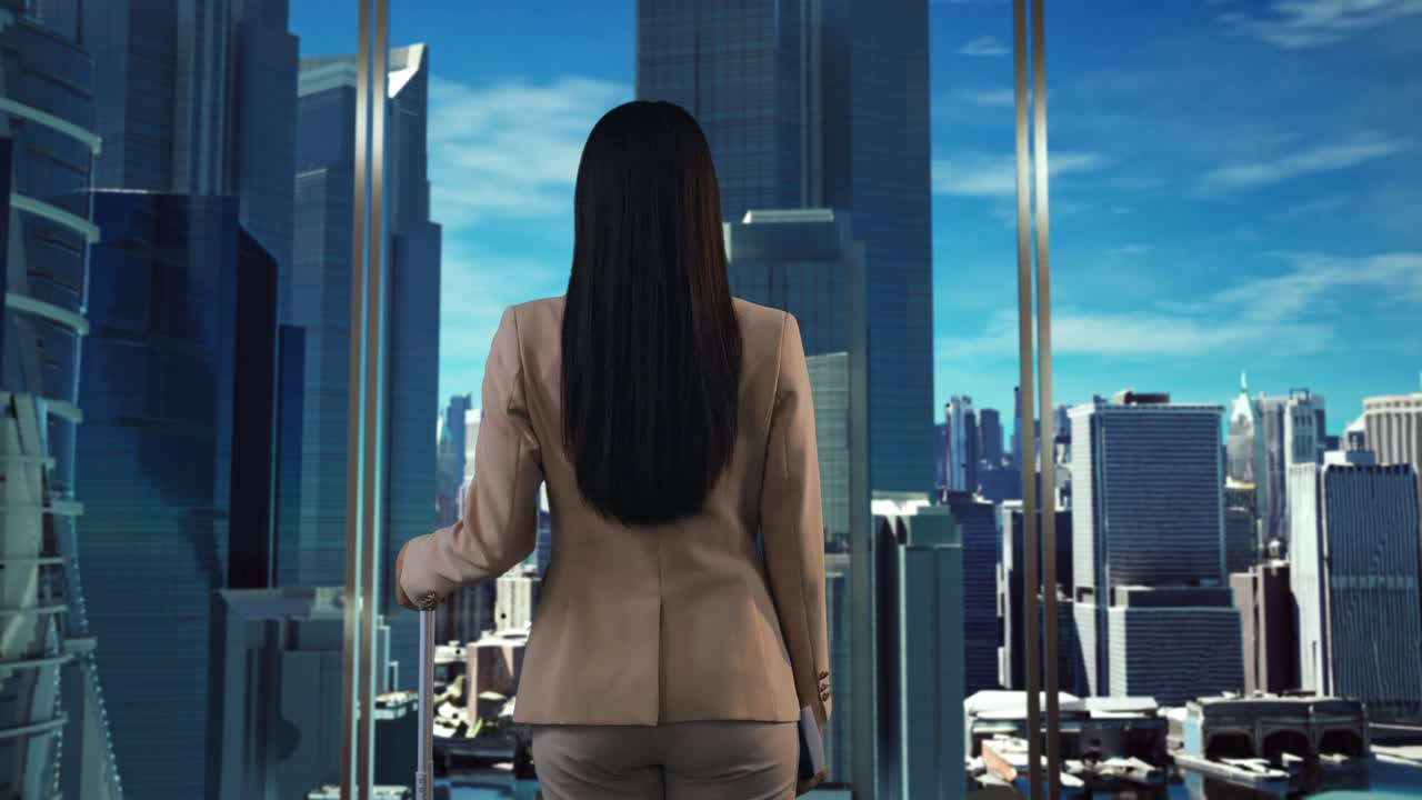 창문 에서 도시 전망 을 바라보는 사업가