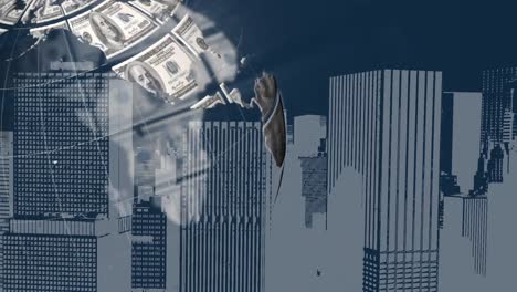 animation of banknotes and globe over cityscape