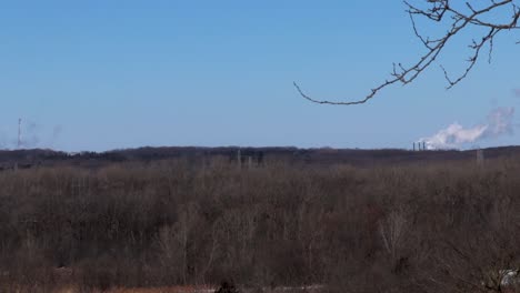 A-wide-horizontal-panning-shot-of-a-big-industrial-complex-in-the-distance-in-the-forest