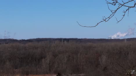 una amplia toma panorámica horizontal de un gran complejo industrial a lo lejos en el bosque