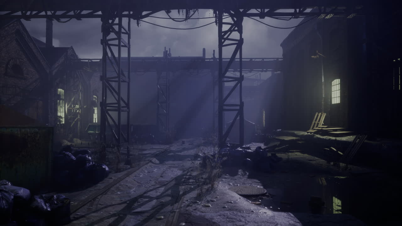 Abandoned industrial site with eerie lighting during twilight hours