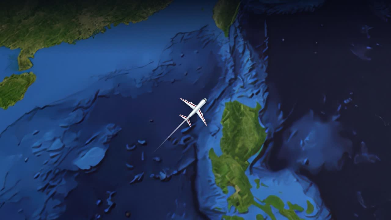 Commercial airplane flies across the Pacific Ocean from Singapore to Phoenix on a satellite map