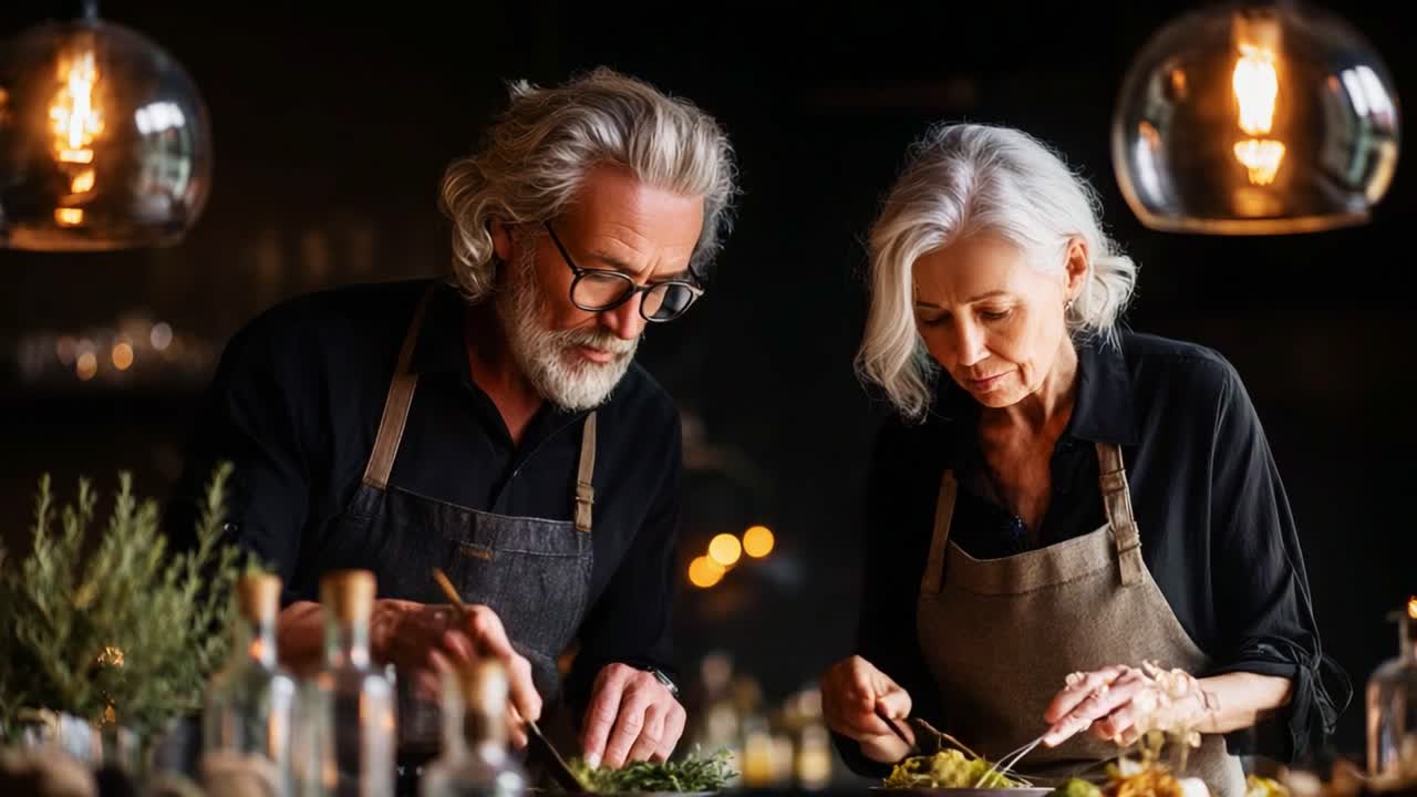 A Passionate Culinary Adventure: Two Experienced Chefs Collaborate in a Cozy Kitchen, Creating Delicious Dishes with Fresh Ingredients and Artistic Presentation Under Warm Lighting
