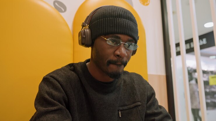 Un individuo rivede l'audio durante una sessione di lavoro. Un uomo si concentra sulle regolazioni audio in un vivace ambiente da caffè. Un uomo di colore regola attentamente i livelli audio mentre lavora a un tavolo colorato di un caffè.