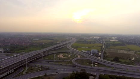 highway traffic and circle in bangkok thailand, aerial view