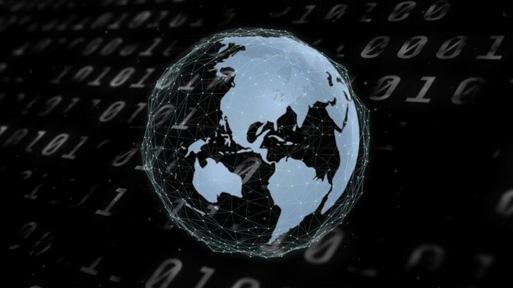 Startup pulse initiating stylized 3D globe rotating east, pulsing nodes, tracing global data flow