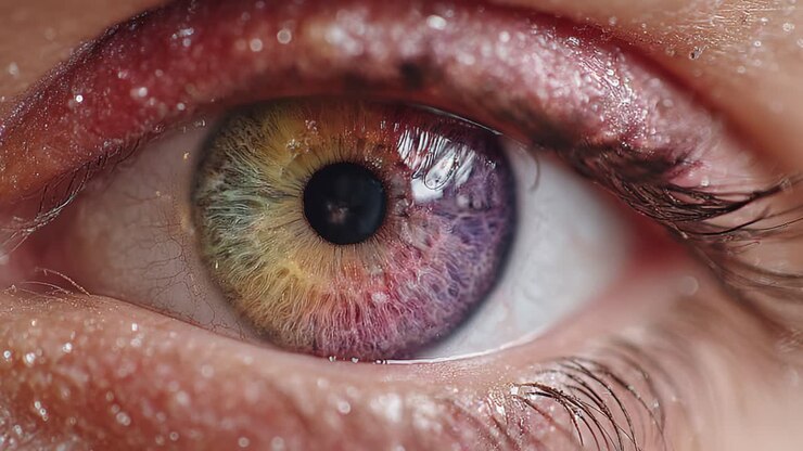 Een verbluffende close-up van een menselijk oog met levendige veelkleurige irissen met glinsterende highlights en ingewikkelde details, vastgelegd in schitterende helderheid