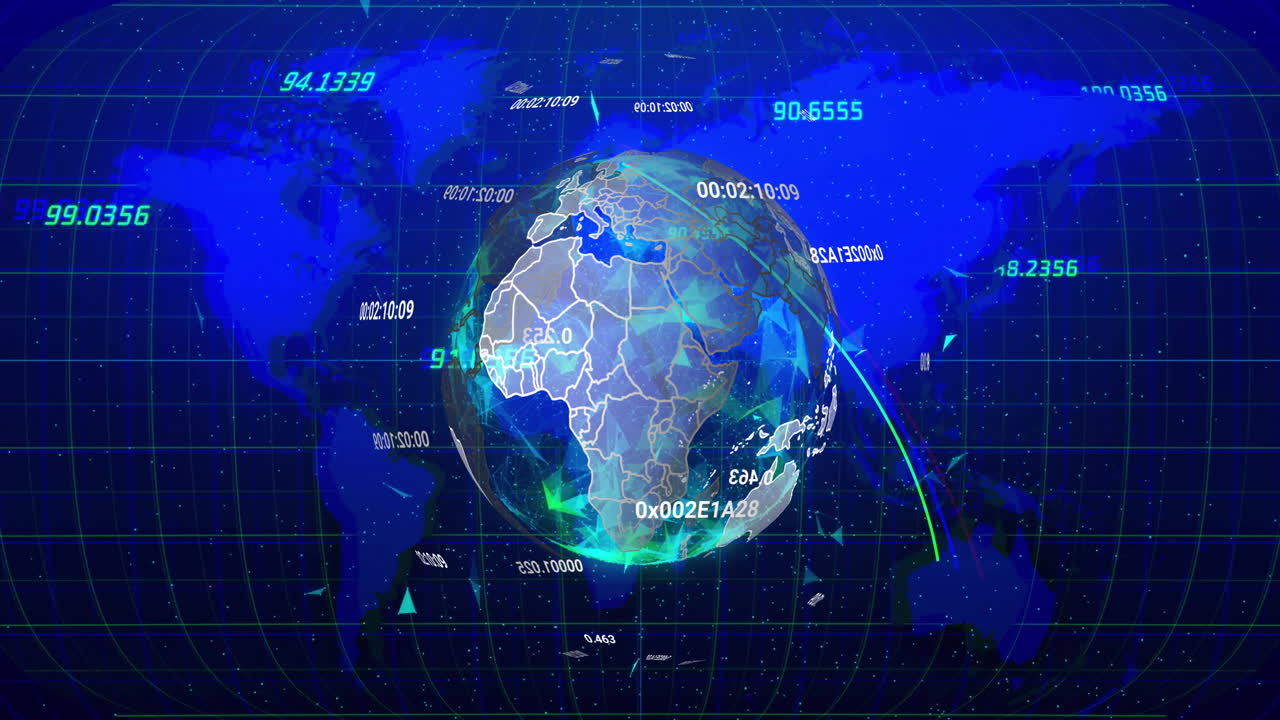 Animation of data processing over globe and world map on black background