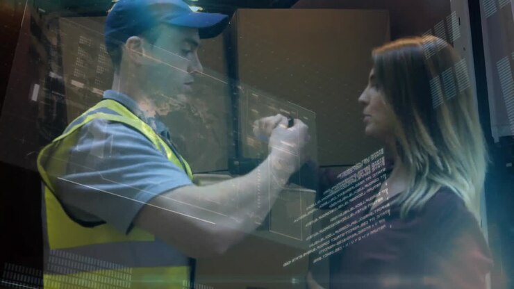 Delivery man delivering a package to a woman