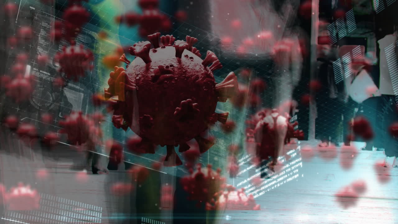 Animation of virus cells over people walking on street
