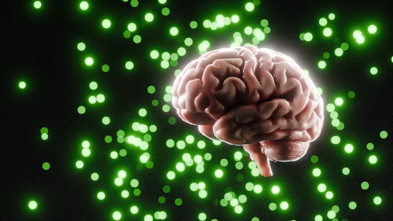 Human brain isolated on black background surrounded by glowing green particles. 3D digital illustration in conceptual science style. Artificial intelligence, neuroscience and innovation.