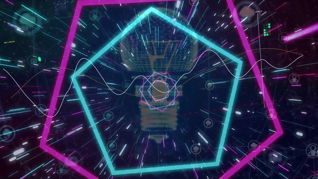 Bagliore al neon che genera pentagoni che ruotano e pulsano sopra una lampadina, con una forma d'onda che pulsa e mostra un'idea
