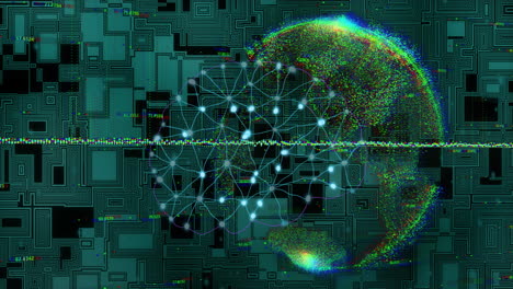 digital brain network and data processing animation over circuit board background
