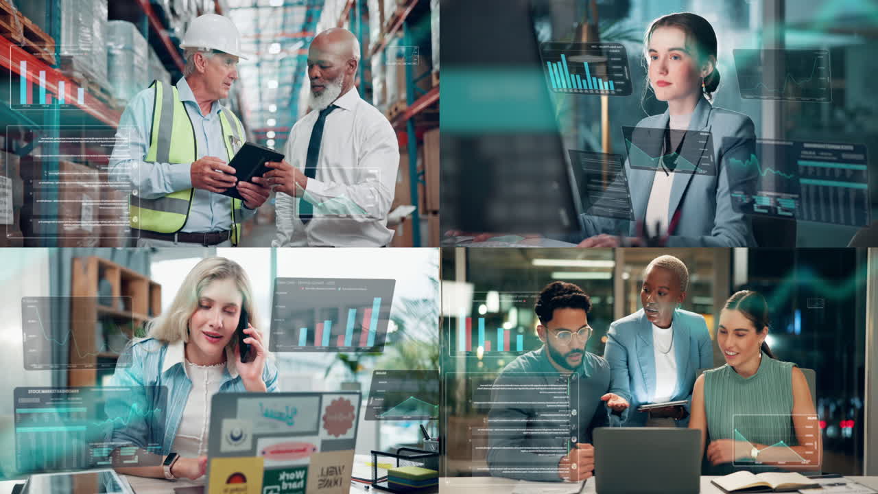 Diverse Business Teams Collaborating with Digital Data Overlays