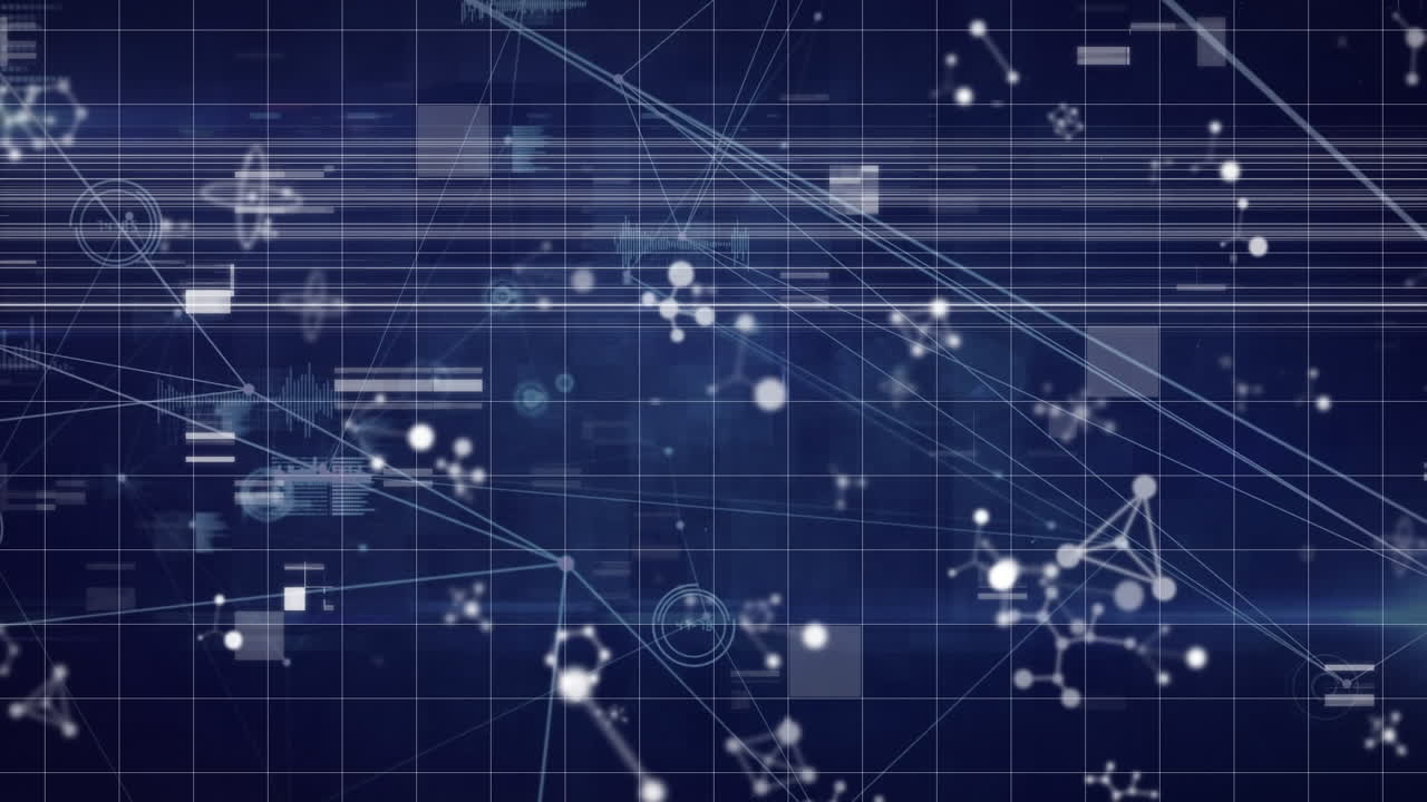 Animation of network connecting dots, finance data, molecules on digital interface