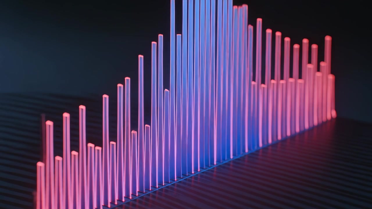 Reacting array of illuminated rods rising and shifting on dark ridged tabletop, with offframe audio